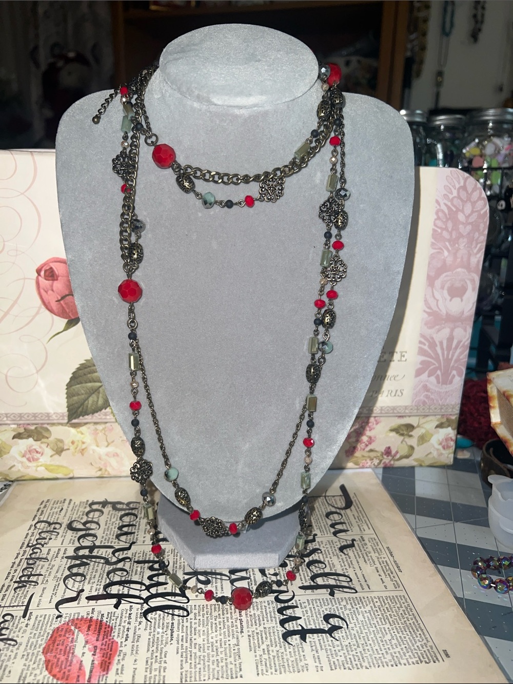 Premier Designs Red Bead Multi-Strand Necklace with Antiqued Chains